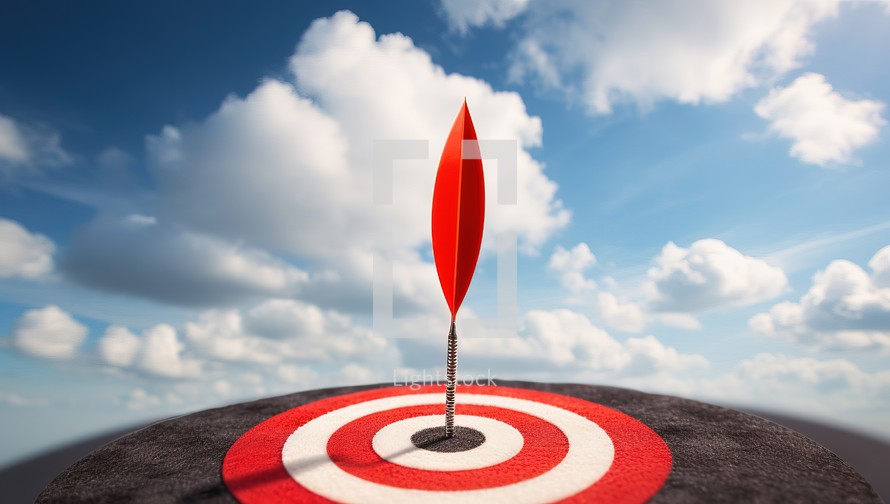 Red dart arrow in center of dartboard on blue sky background with clouds. Archievement concept