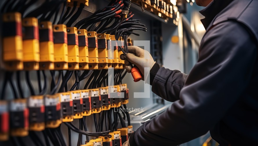 Electrical engineer working in fuse box.