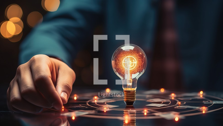 Close up of businessman hand holding light bulb on bokeh background