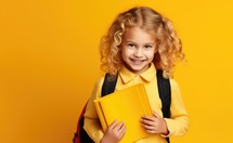 Bible Study. Cute little schoolgirl with backpack and books on yellow background. Back to school