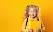 Bible Study. Cute little girl with book on color background. Back to school