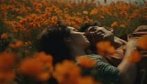 Young romantic couple in love lying on the field of poppies
