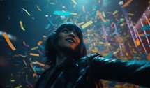 Celebration. Fashionable young woman in a leather jacket on the background of confetti