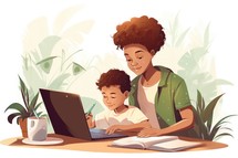 Mother with her son doing homework together. Vector illustration in cartoon style
