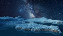 Blue grassland with milky way at night, 3d rendering.
