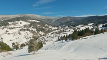 Panorama of snowy winter landscape in beautiful sunny day in early spring season nature
