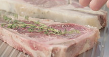 Close up slow motion shot of meat on a grilling plate in an outdoor luxury kitchen.