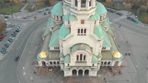 Close up revealing the St Alexander Nevsky Cathedral in Sofia, Bulgaria - Aerial Drone 4K