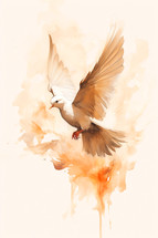Winged dove in flames, a representation of the New Testament Holy Spirit with a watercolor background