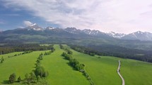 Aerial view of fresh green landscape in spring alpine mountains nature
