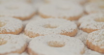 Extreme close up of a sheet of cookies with powdered sugar on them.