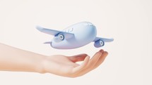 Loop animation of a cartoon plane in a hand, 3d rendering.
