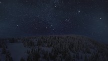 Beauty of starry night sky with stars motion fast over frozen winter forest nature Astronomy time lapse
