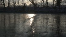Morning light mirror in river Slow motion

