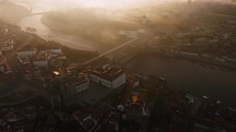 Aerial view of Porto bridge during sunrise