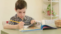 young boy preparing homework at home