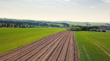Plowed potatoes food field in rural country in fresh spring nature green landscape, Aerial view

