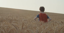 Young boy with a superhero cape stands in a golden field during sunset - raising hands in victory
