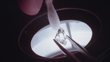A gemologist inspecting a large clear diamond under a microscope.