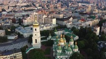 Aerial view of Kiev Pechersk Lavra, Dnieper River and Motherland Monument, Ukraine.