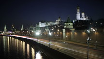 Quay near the Moscow Kremlin night time lapse with motion blur