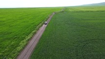 Car driving in field aerial view	