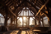 Building for Jesus. Wooden structure of a church in the countryside 