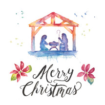 Merry Christmas hand lettering and Nativity water color holiday pack with 