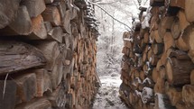 Pile of wood prepared for winter heating season, firewood background
