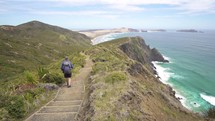 Men is hiking in New Zealand ocean coast landscape
