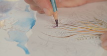Close up of an artist drawing with colored pencils