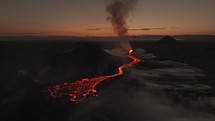 Majestic panoramic aerial view of Fagradalsfjall volcano eruption 2023 Iceland at dawn