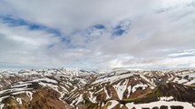 Clouds moving over snowy rainbow mountains in Iceland in Landmannalaugar. Panoramic time lapse
