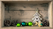 Christmas decorations in a wooden crate 