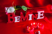 Be Mine, long stem rose, and heart shaped votive candles 