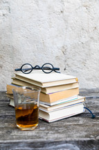 books and vintage glasses 