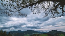 Dramatic grey clouds sky moving above green countryside nature, View under tree branches Time lapse
