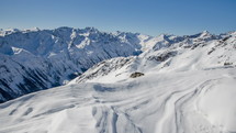 Sunny Winter Day in Snowy Alps Mountains in Solden Valley Time Lapse. Dolly Shot over Snowdrift
