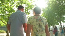 senior caucasian couple walking holdings hands 