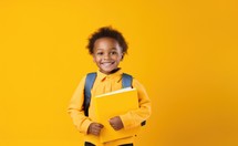 Bible Study. Happy african american schoolboy with backpack and book on yellow background