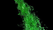 3D green jet liquid splash on black bg super slow motion 1000 FPS