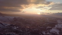 Aerial panoramic view of sunset over rural country
