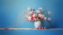 Vase with red and white spring flowers on a blue background