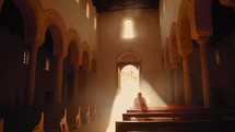 Man praying in church pews with a beam of sunlight shining upon him from behind.