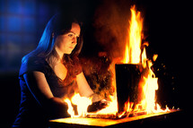 woman looking at a computer screen that is on fire 