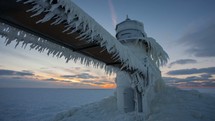 Timelapse of sunset of an ice-covered lighthouse on Lake Michigan during the polar vortex winter weather event. 