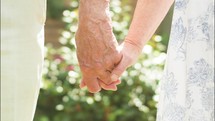 Senior caucasian couple holding hands in their garden