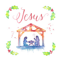 Christmas nativity with Jesus hand lettering, Mary, Joseph, manger and water color holly, and splatters.