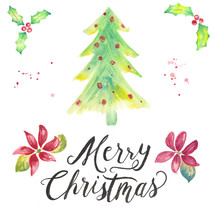Merry Christmas hand lettering and water color holiday pack with holly, poinsettias, flowers, Christmas tree with ornaments, brush texture, and splatters.