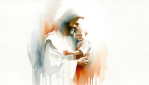 Digital painting of Jesus Christ with a child in his arms.